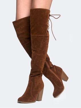 NWT J. ADAMS Over-the-Knee Faux Suede Lace-Back Block Heel Boots - Brown